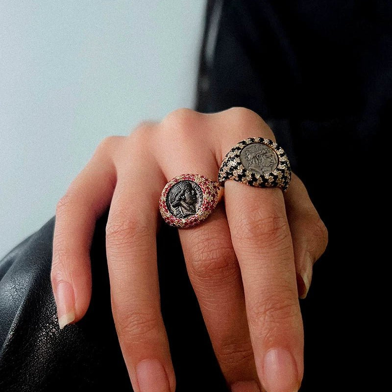 Vintage Luxury 925 Silver Engraved Goddess & Bacchus Coin Ring - floysun