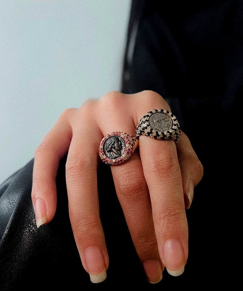 Vintage Luxury 925 Silver Engraved Goddess & Bacchus Coin Ring - floysun