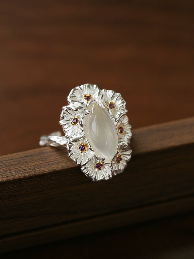 Vintage Mandala White Agate Statement Open Ring - floysun
