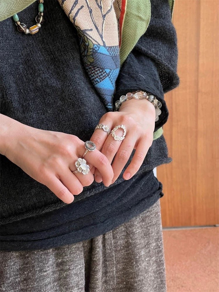 Vintage Mandala White Agate Statement Open Ring - floysun
