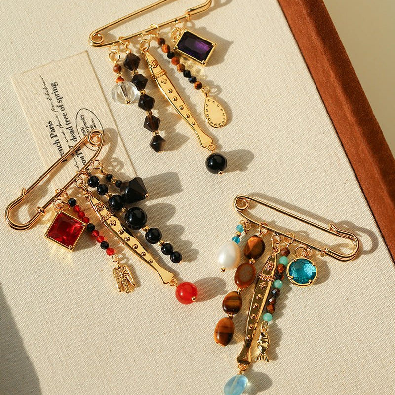 Vintage Mixed Gemstone Charm Safety Pin Brooch - floysun