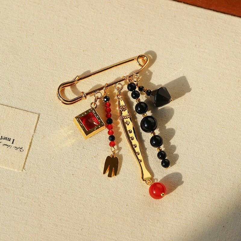 Vintage Mixed Gemstone Charm Safety Pin Brooch - floysun