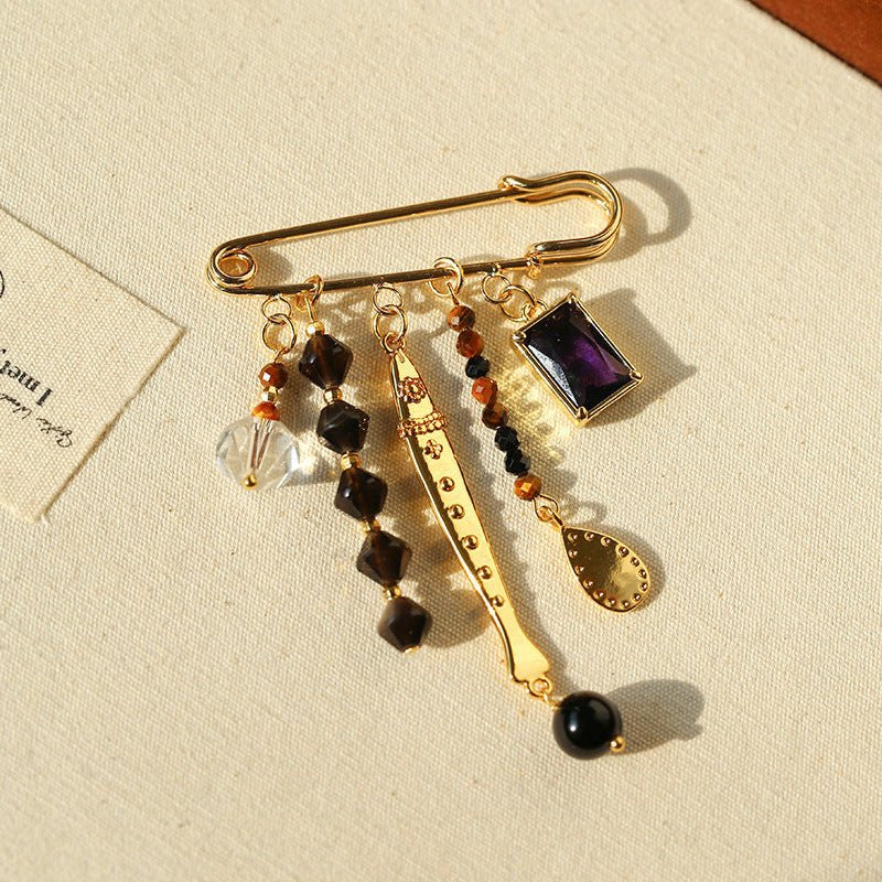 Vintage Mixed Gemstone Charm Safety Pin Brooch - floysun