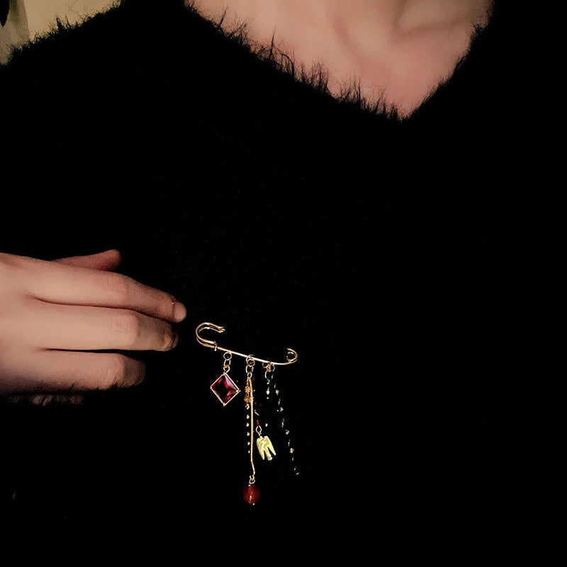 Vintage Mixed Gemstone Charm Safety Pin Brooch - floysun