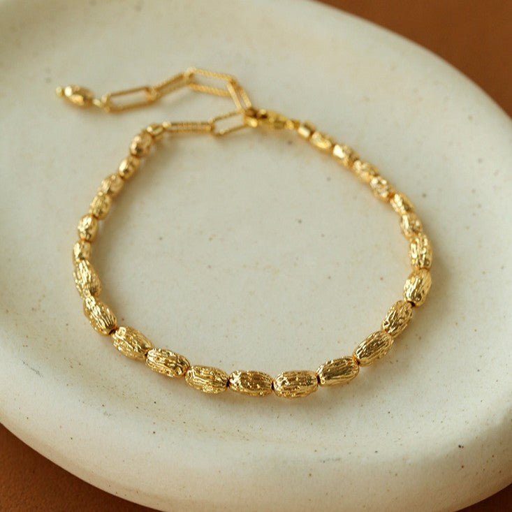 Vintage Molten Gold Textured Oval Bead Bracelet - floysun