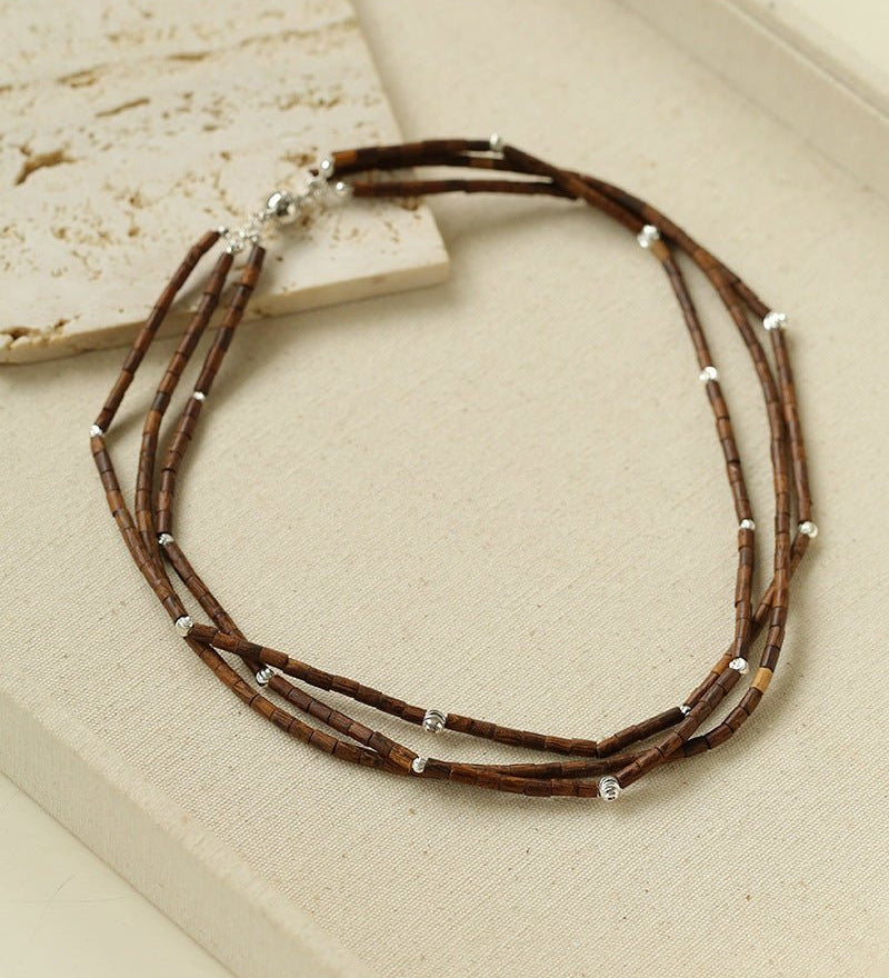 Vintage Multi - layered Wood Bead and Silver Ball Magnetic Buckle Necklace - floysun
