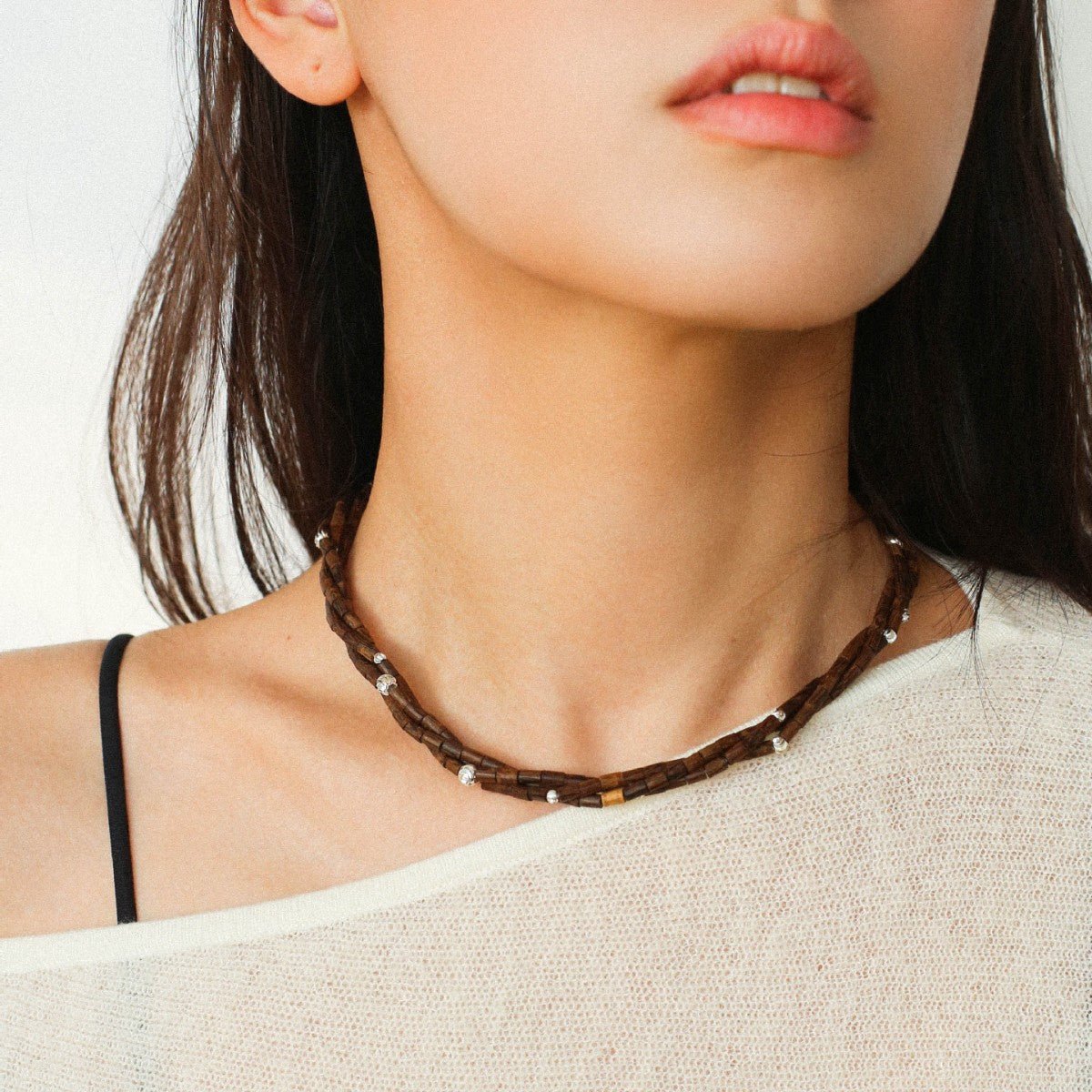 Vintage Multi - layered Wood Bead and Silver Ball Magnetic Buckle Necklace - floysun