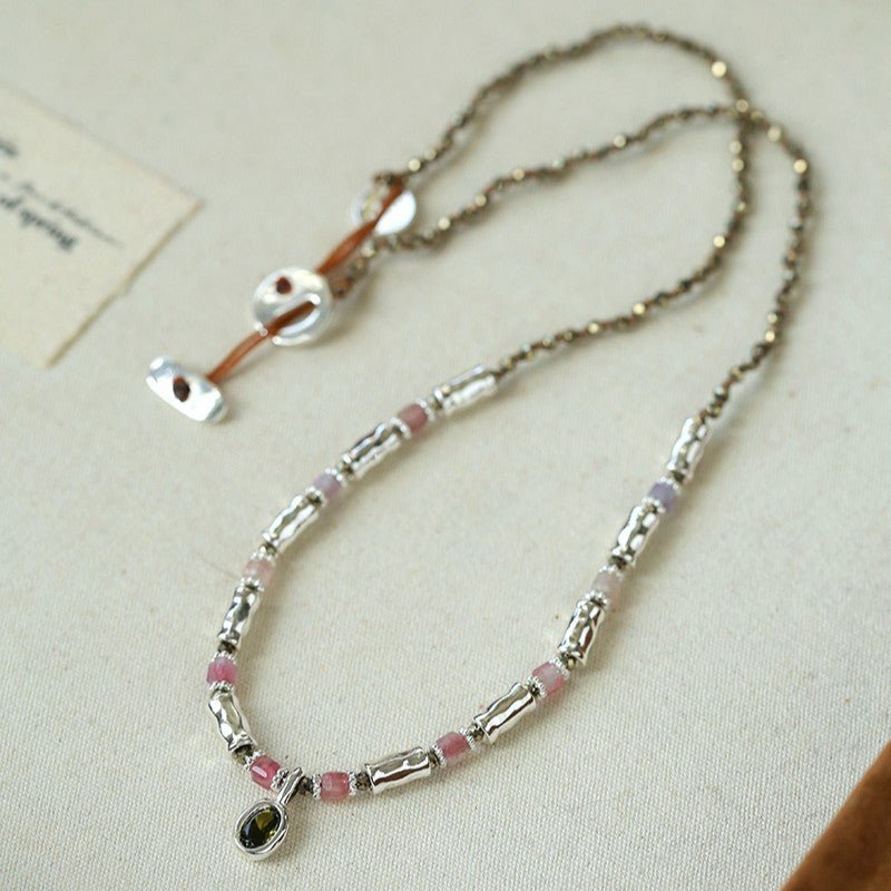Vintage Oval Cubic Zirconia Charm Colorful Natural Stone Beaded Necklace - floysun
