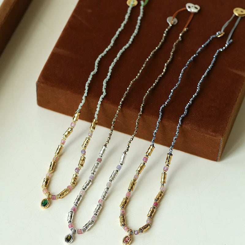 Vintage Oval Cubic Zirconia Charm Colorful Natural Stone Beaded Necklace - floysun