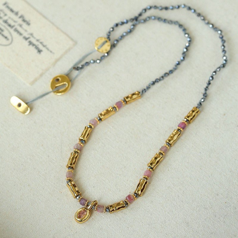 Vintage Oval Cubic Zirconia Charm Colorful Natural Stone Beaded Necklace - floysun