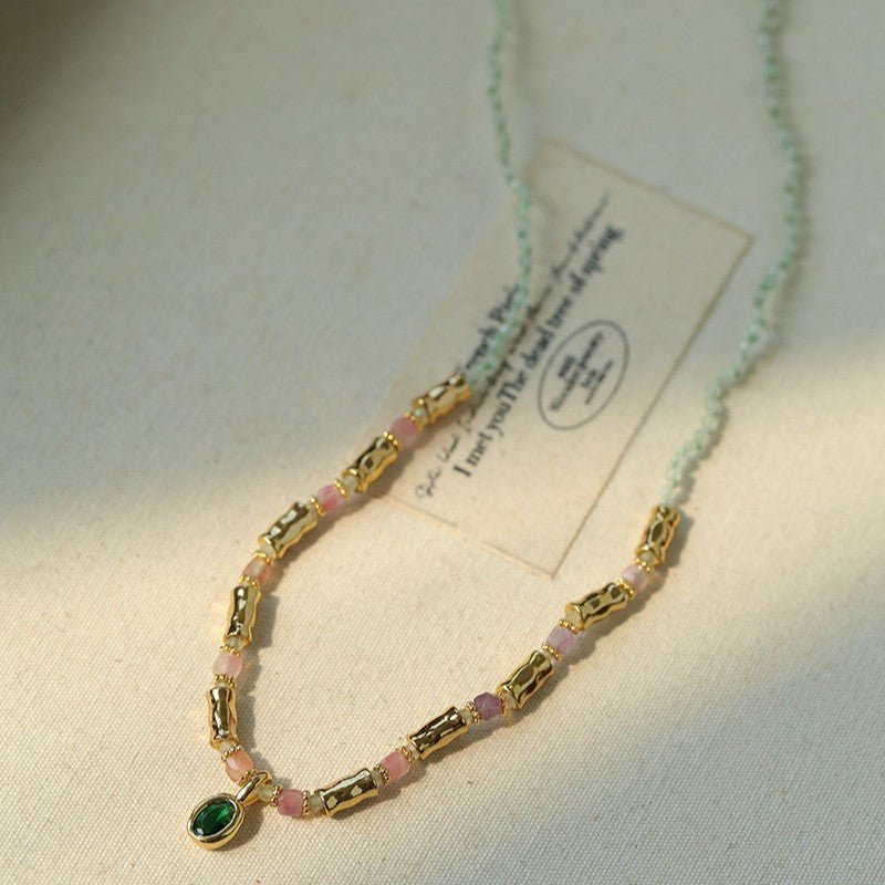 Vintage Oval Cubic Zirconia Charm Colorful Natural Stone Beaded Necklace - floysun