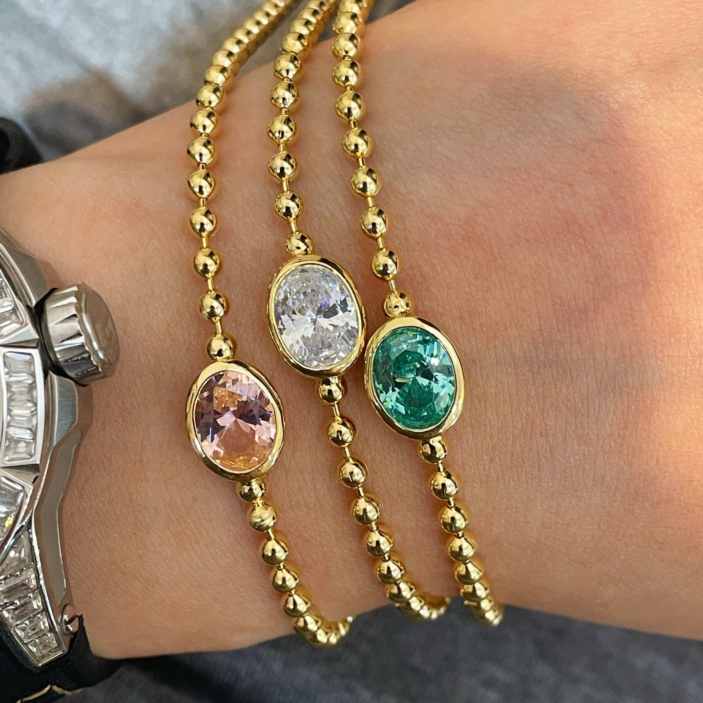 Vintage Oval Gemstone Gold Beaded Bracelet - floysun