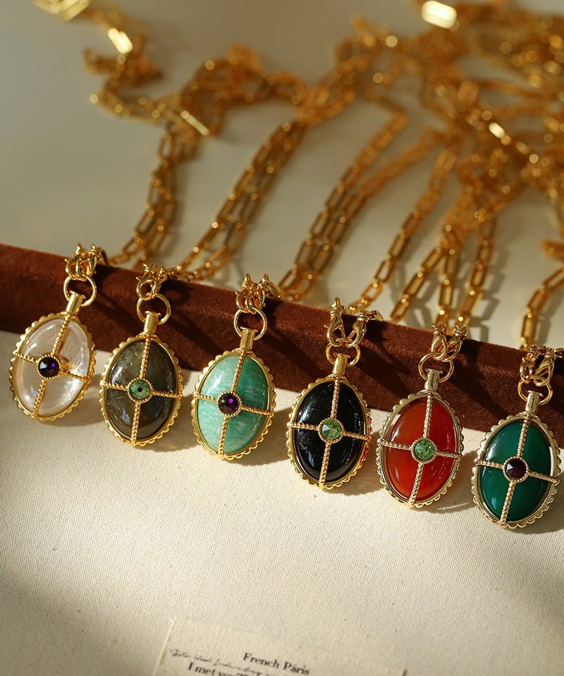 Vintage Oval Gemstone Long Necklace - floysun