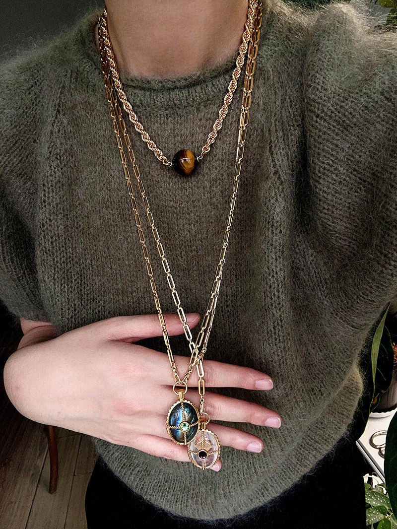 Vintage Oval Gemstone Long Necklace - floysun