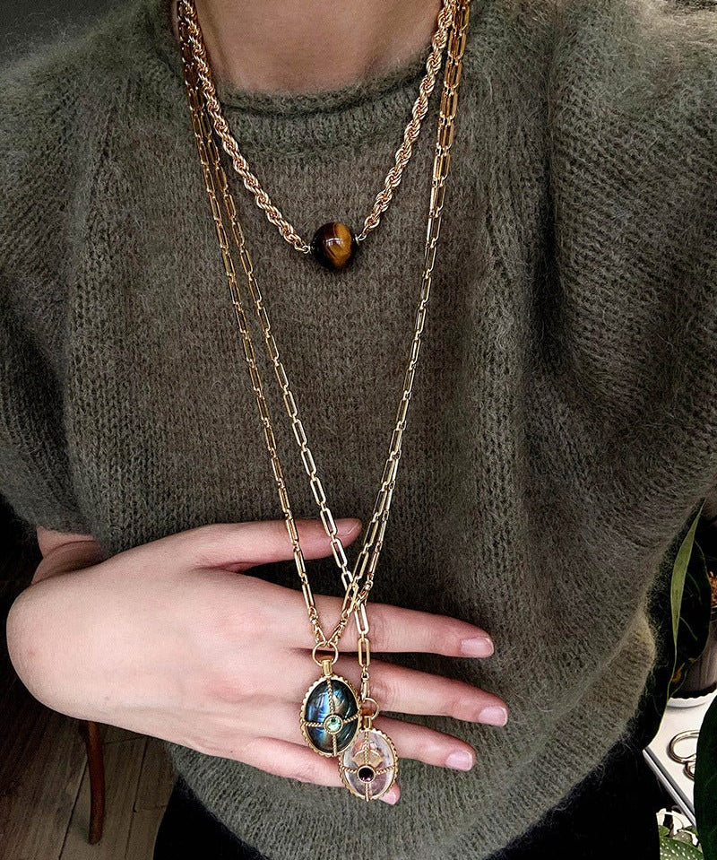 Vintage Oval Gemstone Long Necklace - floysun