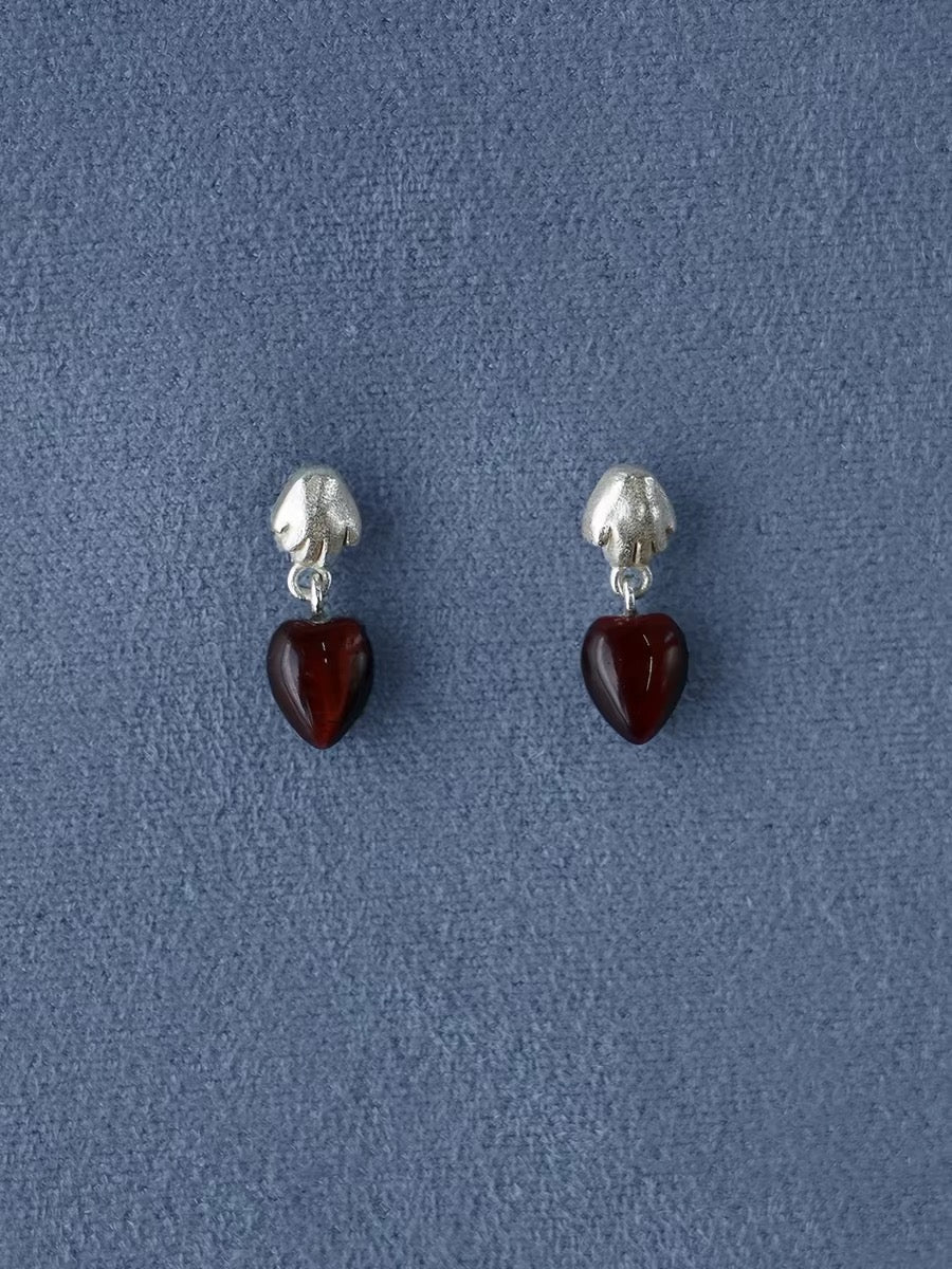 Vintage Palm & Red Tiger's Eye Heart Drop Earrings - floysun