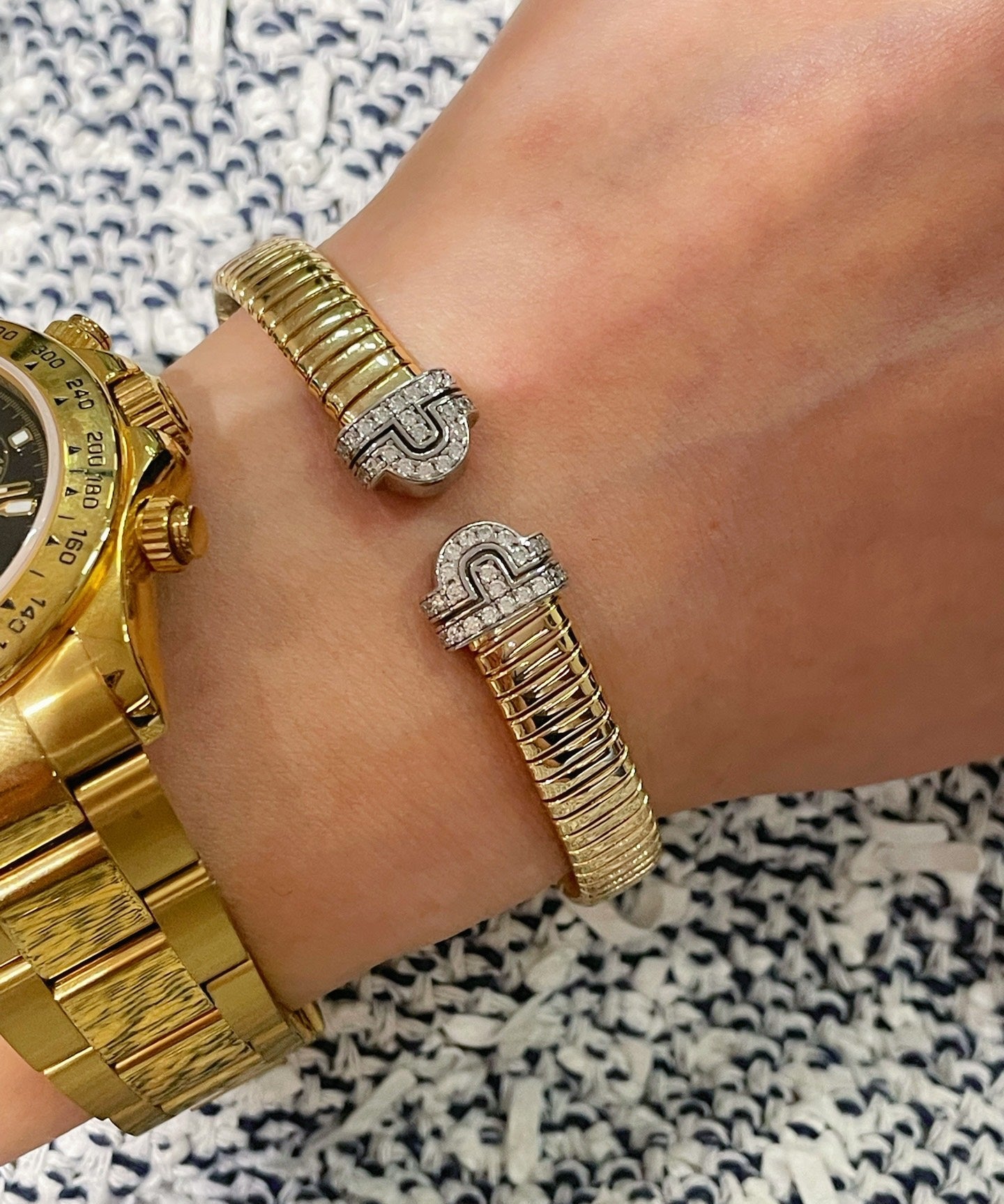 Vintage Pave Diamond Open Cuff Bracelet – Dual - Tone Gold & Silver - floysun