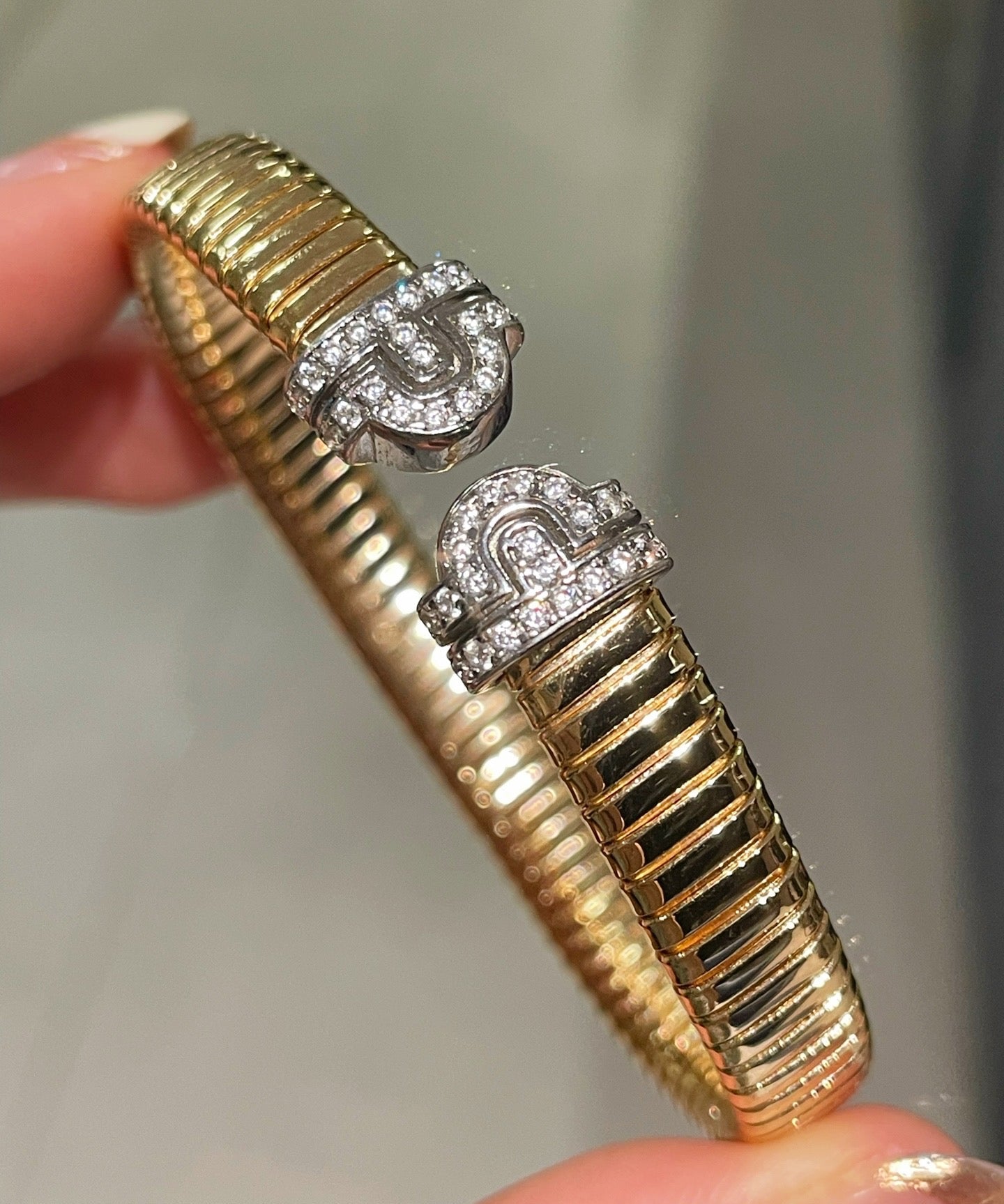 Vintage Pave Diamond Open Cuff Bracelet – Dual - Tone Gold & Silver - floysun