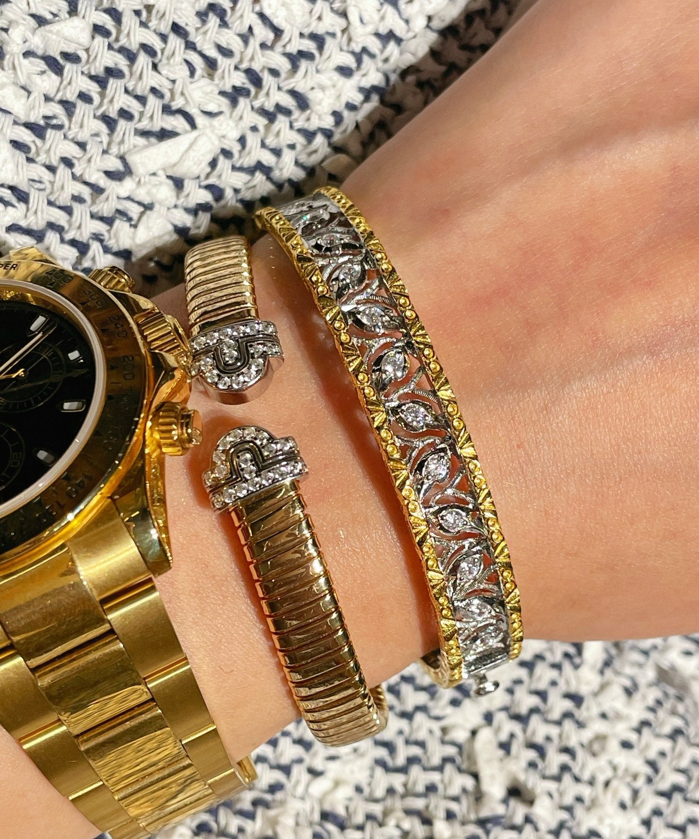 Vintage Pave Diamond Open Cuff Bracelet – Dual - Tone Gold & Silver - floysun