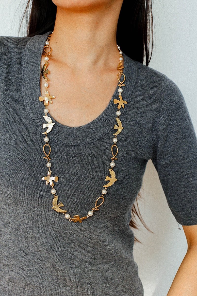 Vintage Peace Dove Pearl Necklace | Short & Long Layered Necklace - floysun