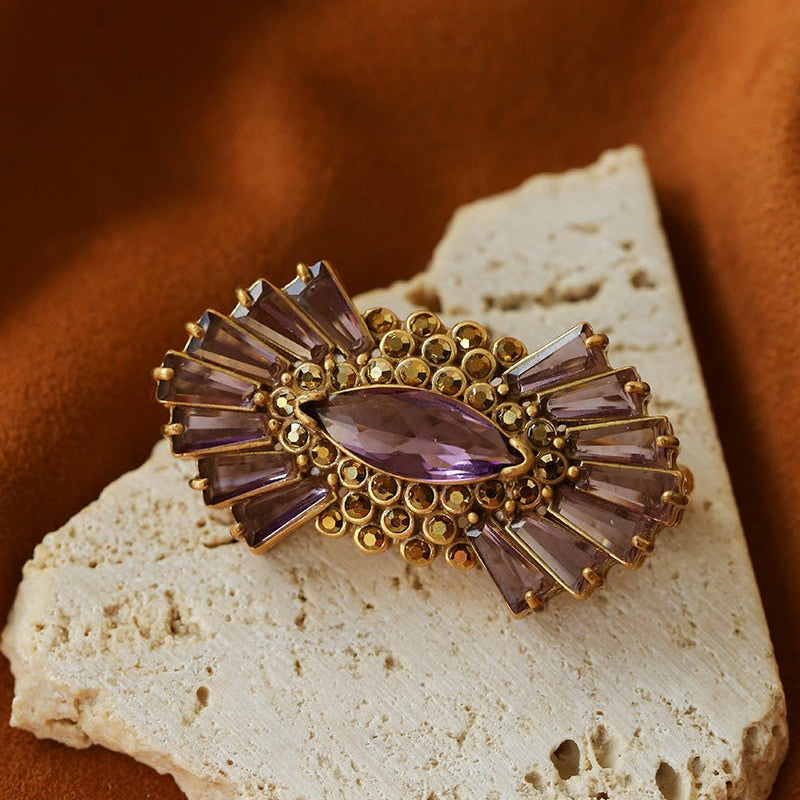 Vintage Purple Crystal Geometric Floral Brooch - floysun