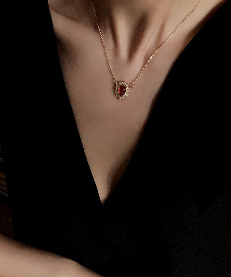 Vintage Red Teardrop Necklace | French Style Pendant Necklace - floysun