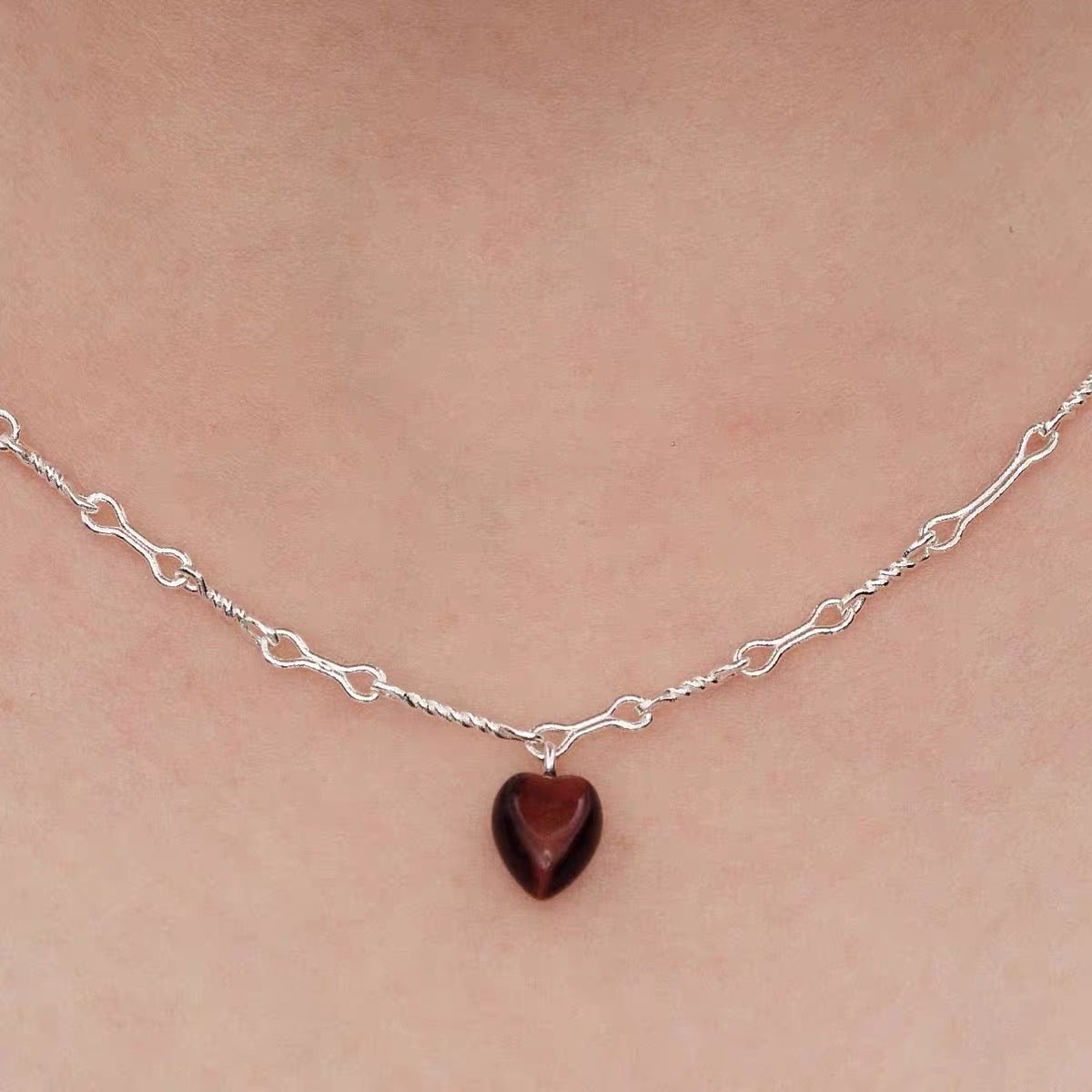 Vintage Red Tiger's Eye Heart Pendant Necklace - floysun