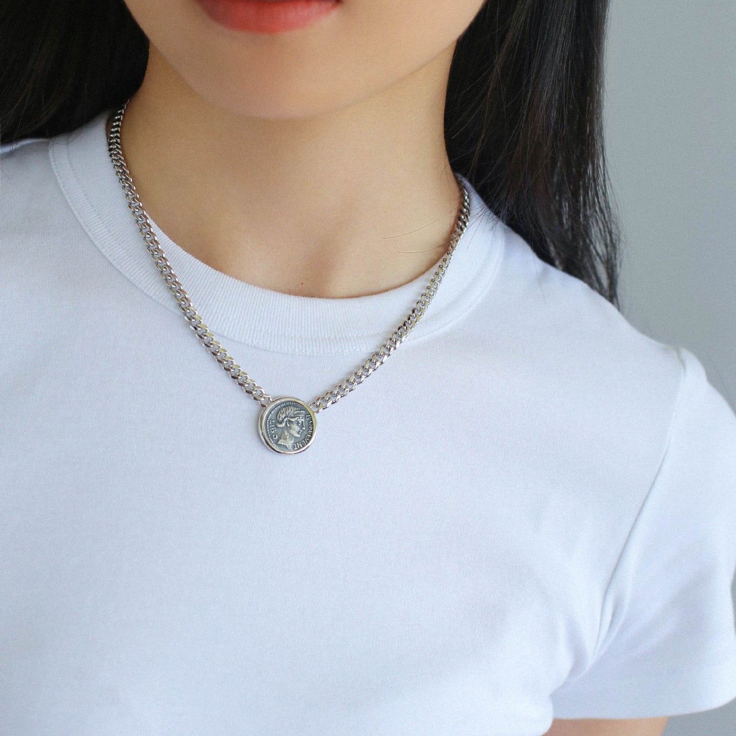 Vintage Roman Lady Luck Coin Silver Necklace - floysun