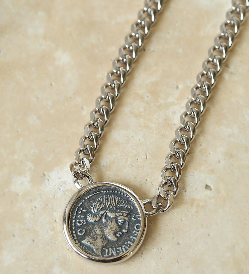 Vintage Roman Lady Luck Coin Silver Necklace - floysun