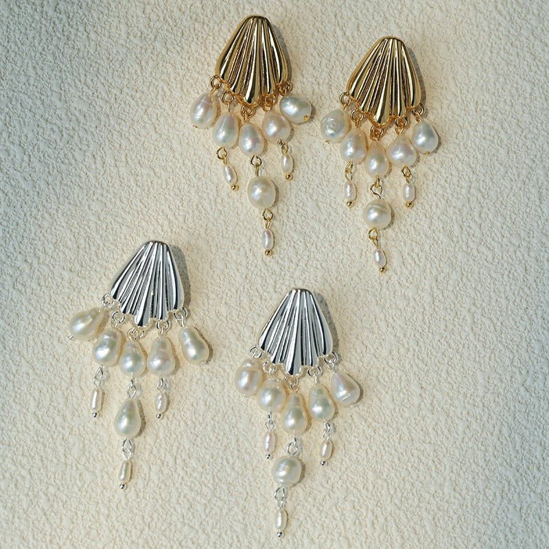Vintage Sculptural Shell Freshwater Pearl Tassel Earrings - floysun
