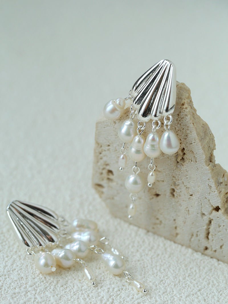 Vintage Sculptural Shell Freshwater Pearl Tassel Earrings - floysun