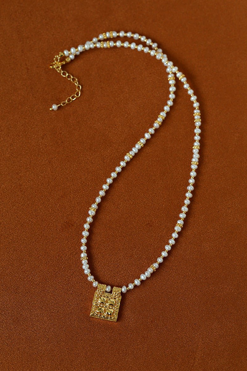 Vintage Square Pendant Pearl & Natural Stone Beaded Necklace - floysun