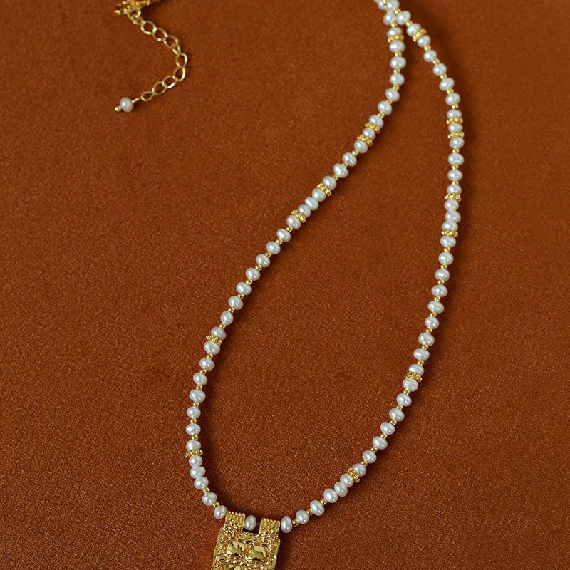 Vintage Square Pendant Pearl & Natural Stone Beaded Necklace - floysun