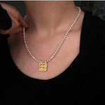 Vintage Square Pendant Pearl & Natural Stone Beaded Necklace - floysun