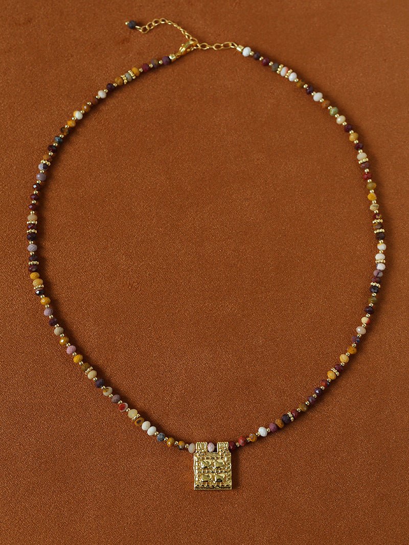 Vintage Square Pendant Pearl & Natural Stone Beaded Necklace - floysun