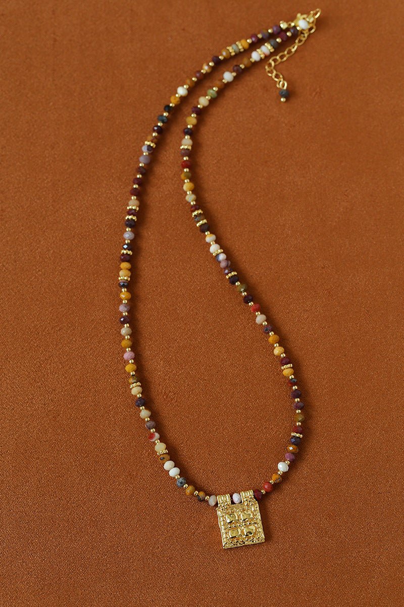 Vintage Square Pendant Pearl & Natural Stone Beaded Necklace - floysun