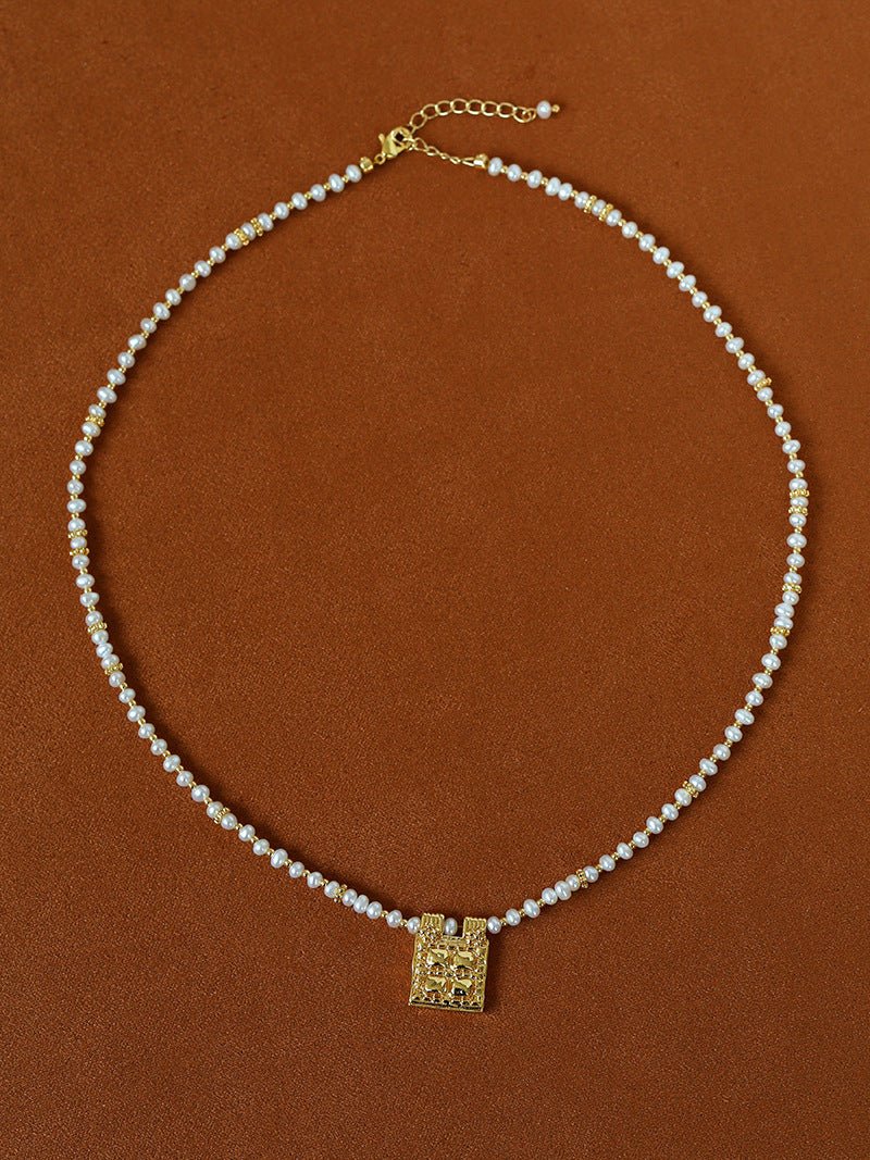 Vintage Square Pendant Pearl & Natural Stone Beaded Necklace - floysun
