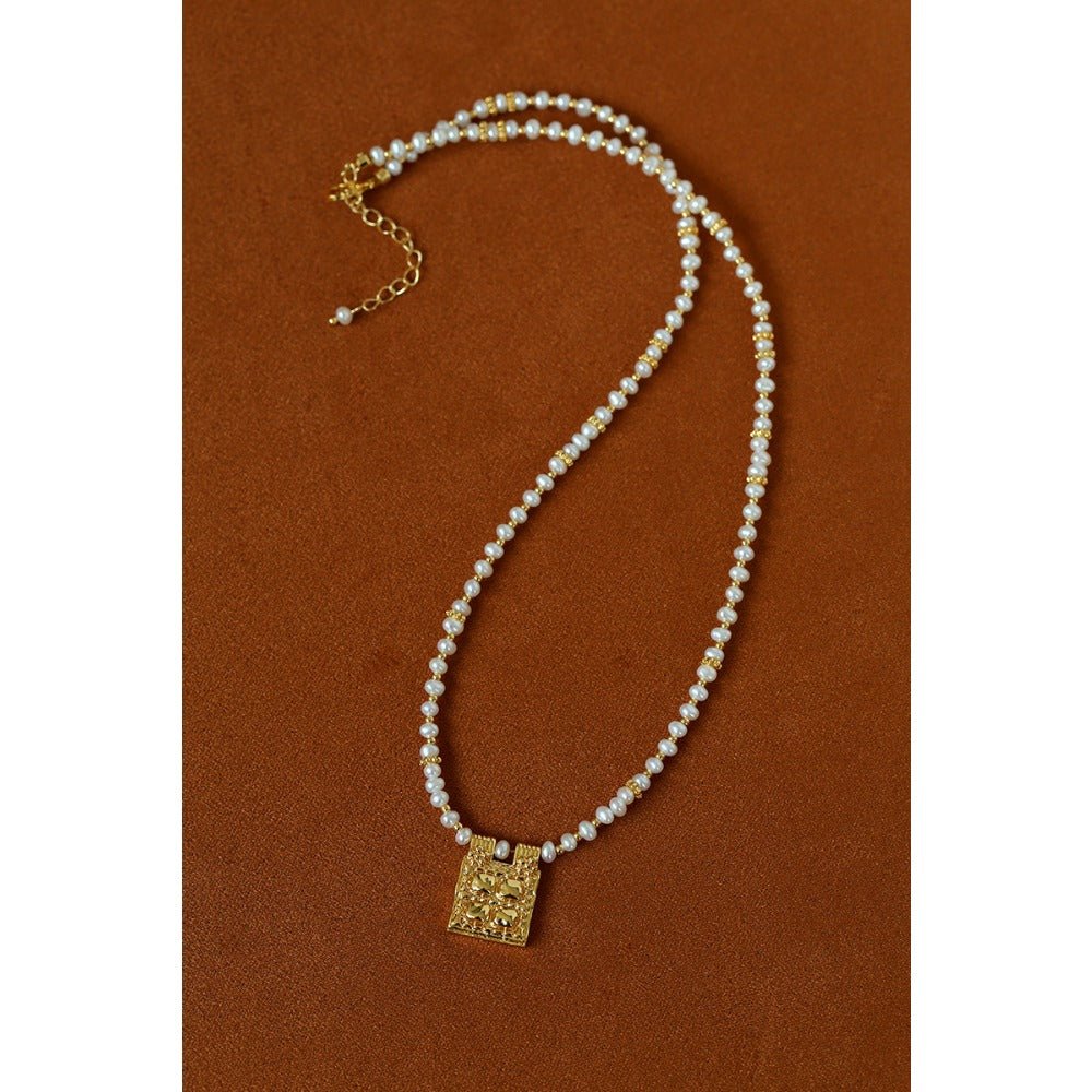 Vintage Square Pendant Pearl & Natural Stone Beaded Necklace - floysun