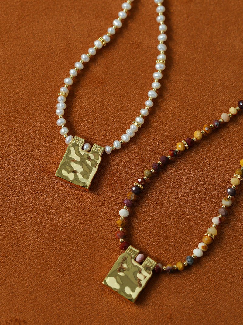 Vintage Square Pendant Pearl & Natural Stone Beaded Necklace - floysun