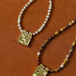Vintage Square Pendant Pearl & Natural Stone Beaded Necklace - floysun