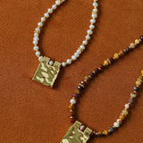 Vintage Square Pendant Pearl & Natural Stone Beaded Necklace - floysun