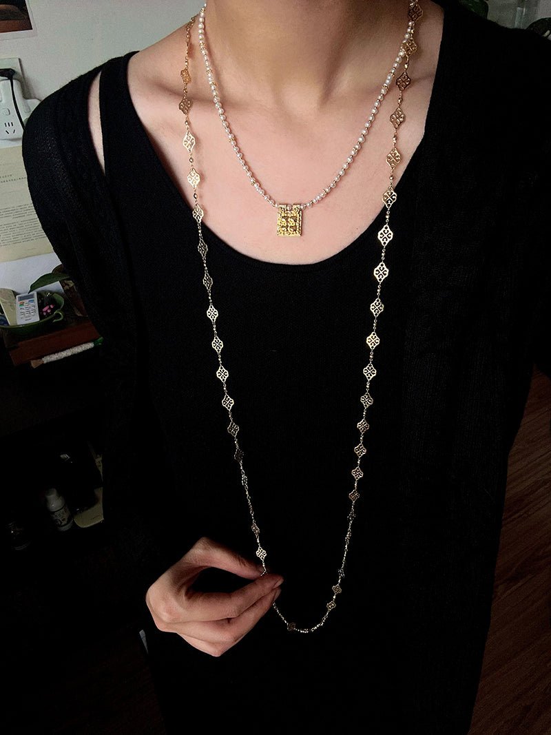 Vintage Square Pendant Pearl & Natural Stone Beaded Necklace - floysun