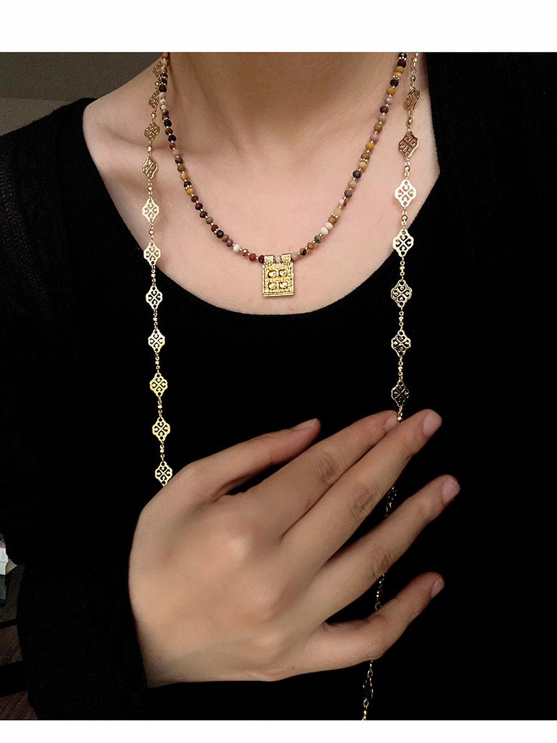Vintage Square Pendant Pearl & Natural Stone Beaded Necklace - floysun
