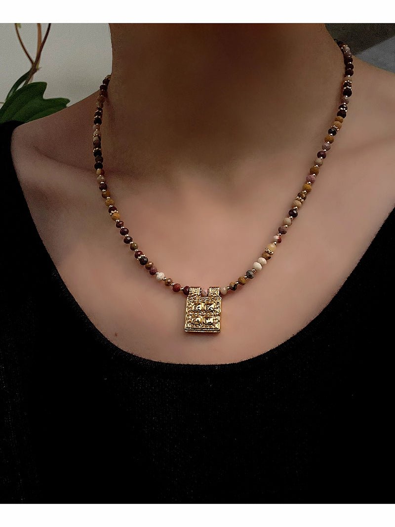 Vintage Square Pendant Pearl & Natural Stone Beaded Necklace - floysun