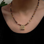 Vintage Square Pendant Pearl & Natural Stone Beaded Necklace - floysun