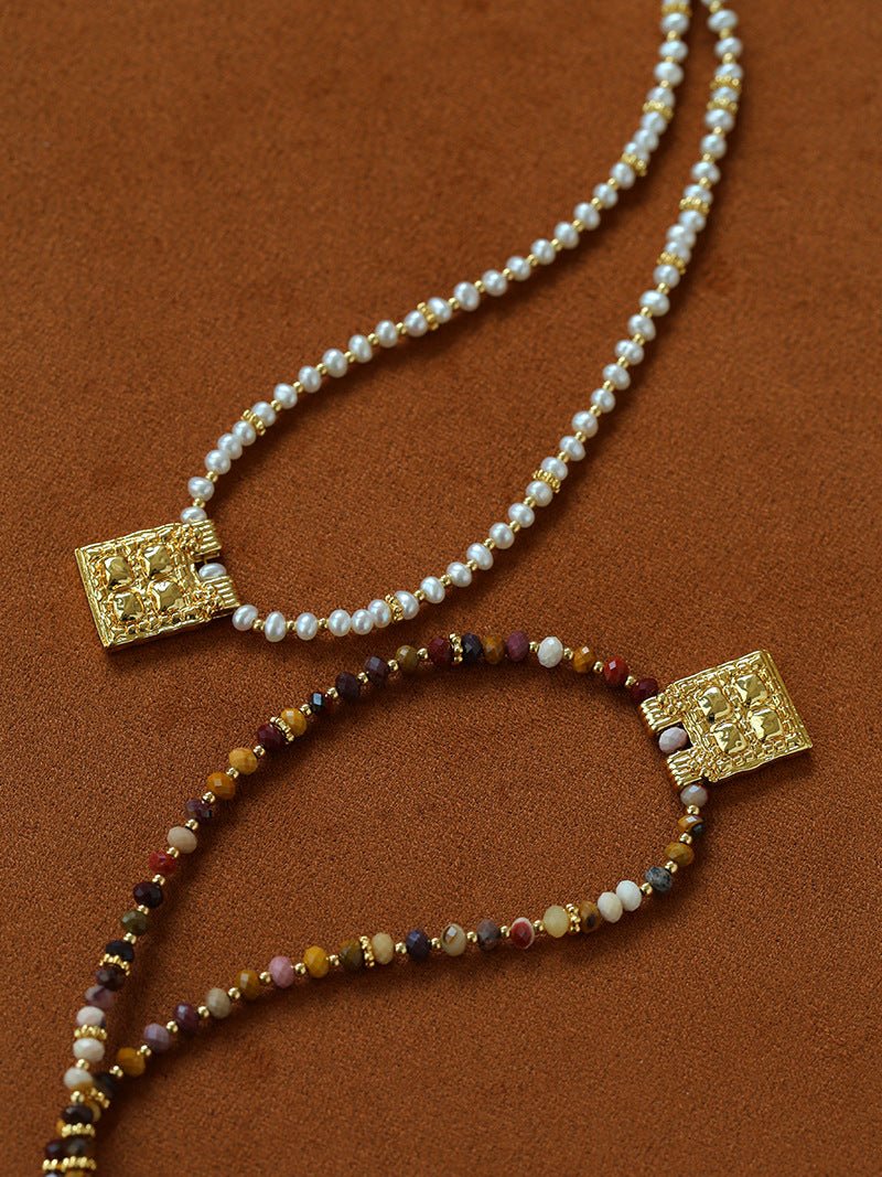 Vintage Square Pendant Pearl & Natural Stone Beaded Necklace - floysun