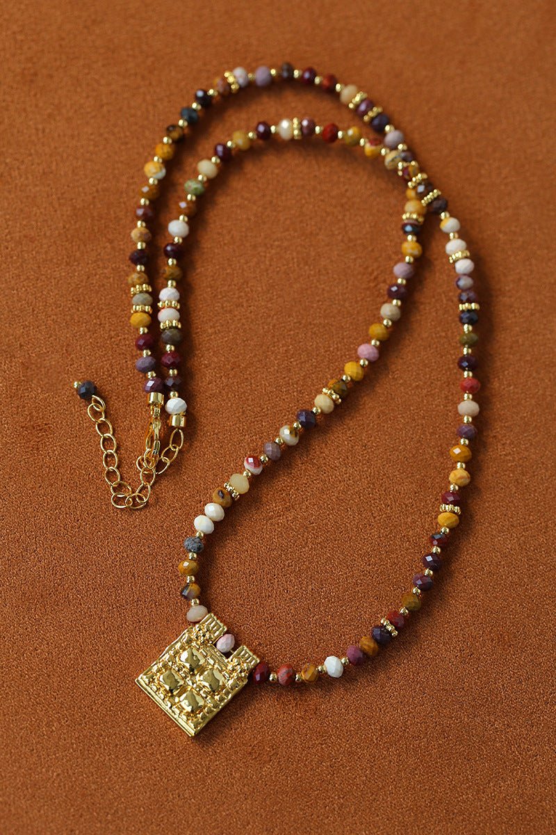 Vintage Square Pendant Pearl & Natural Stone Beaded Necklace - floysun