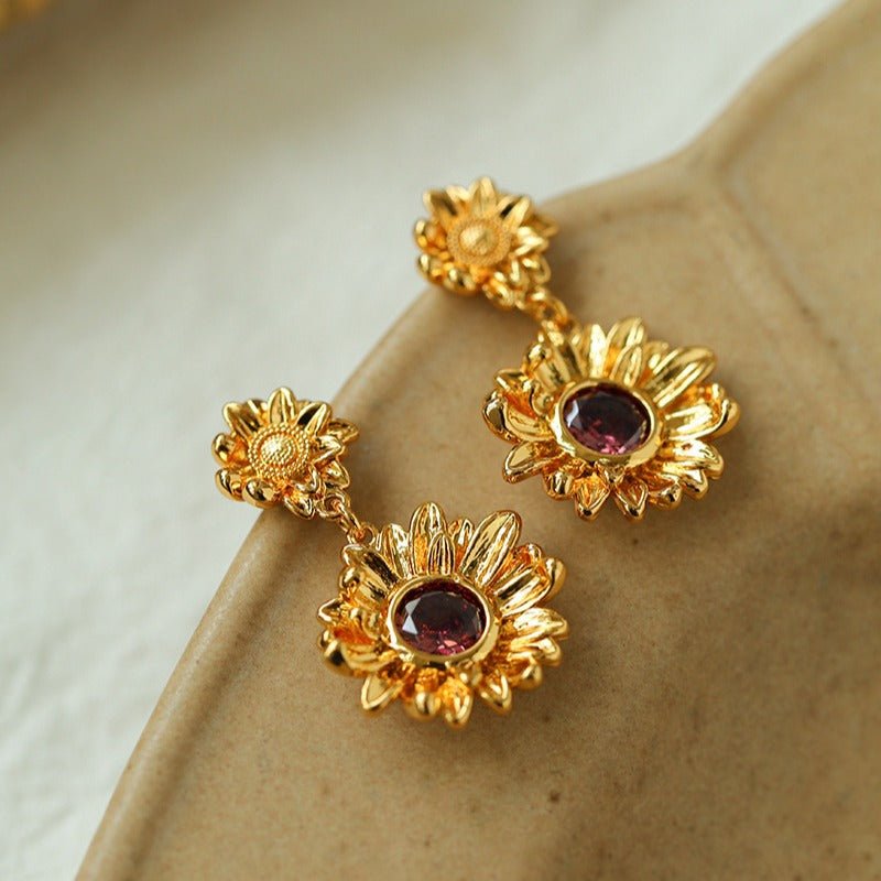 Vintage Sunflower Pendant Earrings with Red Cubic Zirconia - floysun
