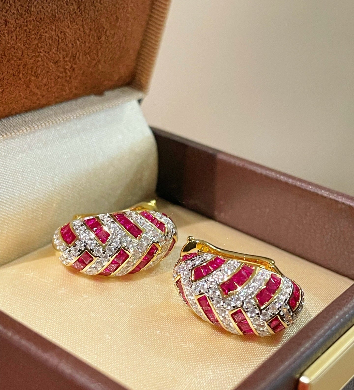 Vintage T - Bar Ruby & CZ Hoop Earrings - floysun