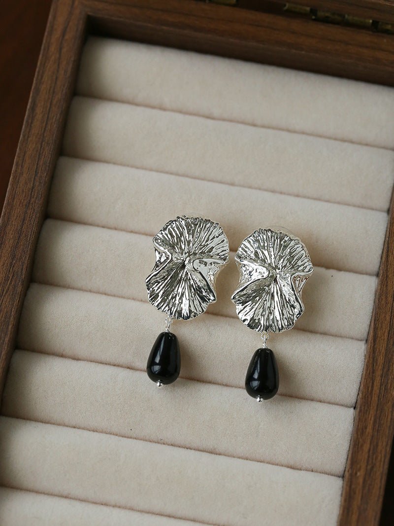 Vintage Textured Silver Ginkgo Earrings | Pearl & Black Onyx Drop Earrings - floysun